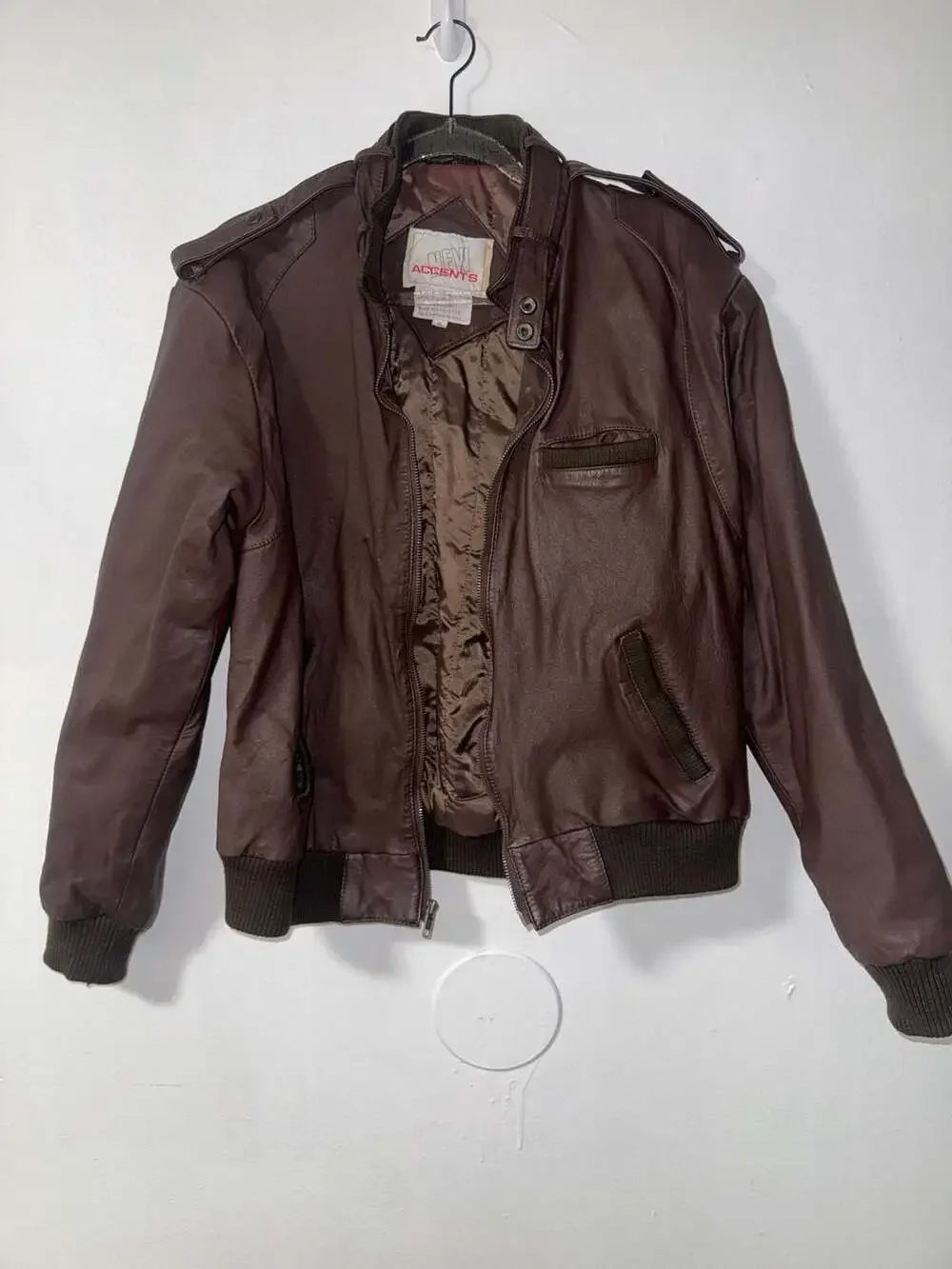 Vintage New Accents Brown Genuine Leather Bomber Jacket Size Medium